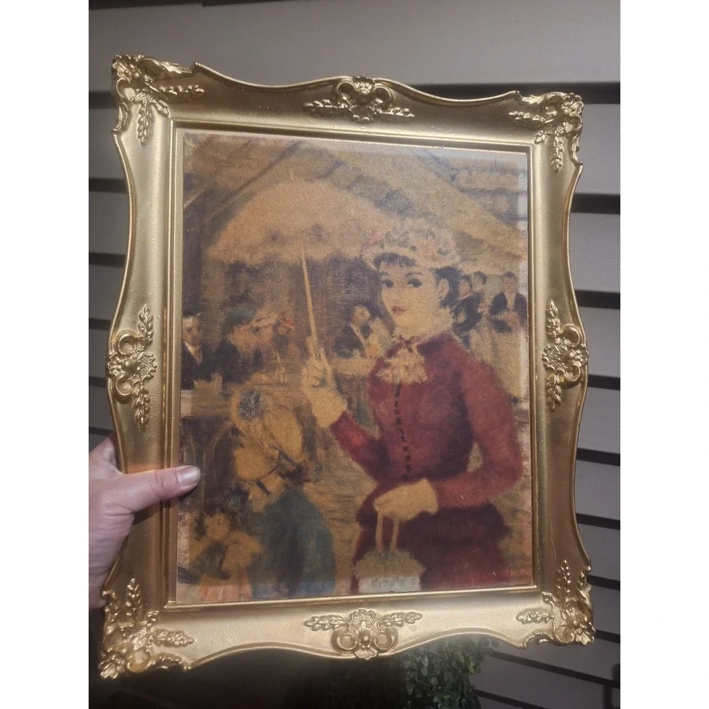 Vintage ornate gold frame with 2 prints white rabbit and Victorian lady